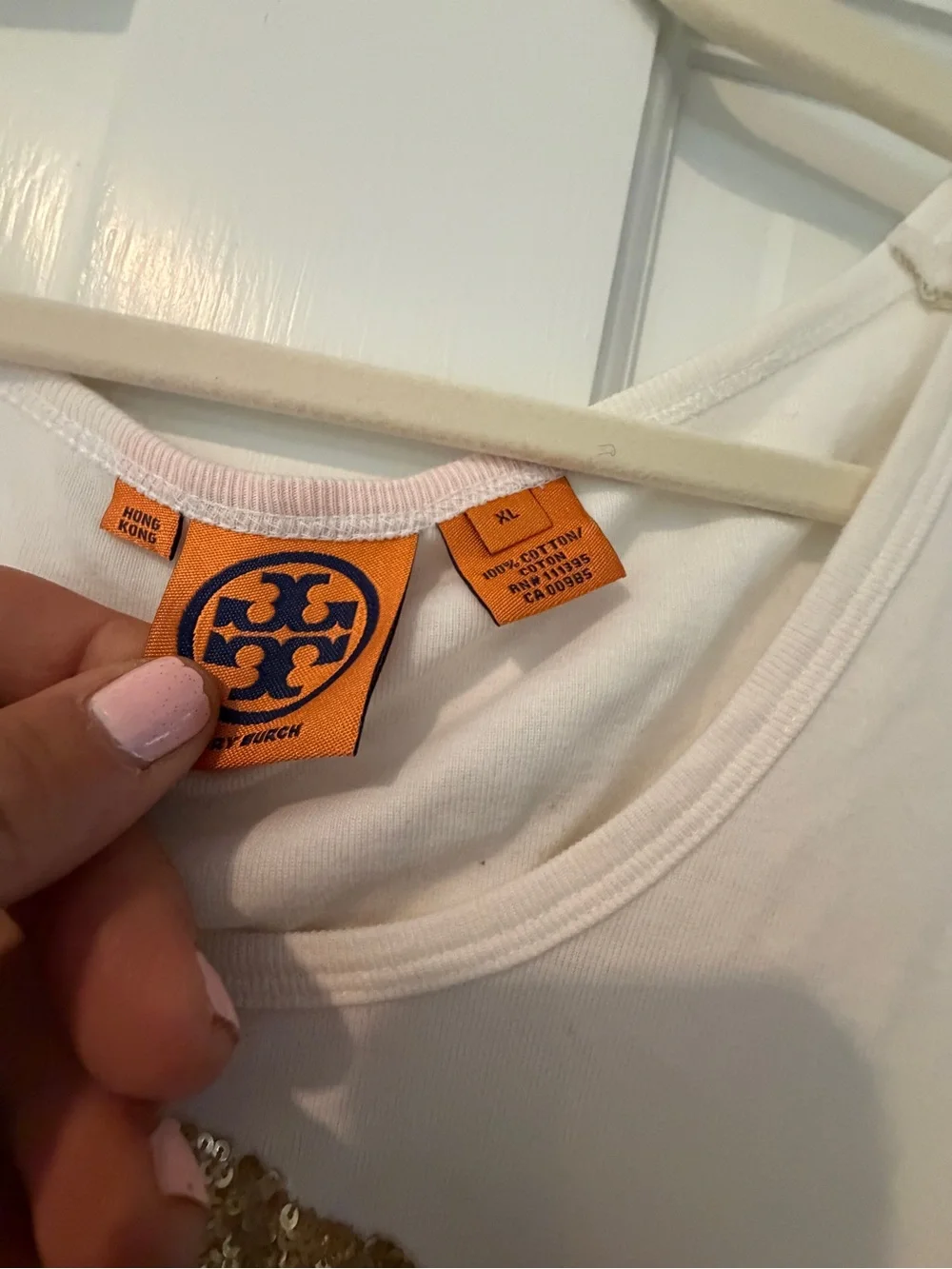 Tory Burch White Tank with Gold Sequin Emblem Xl crystals